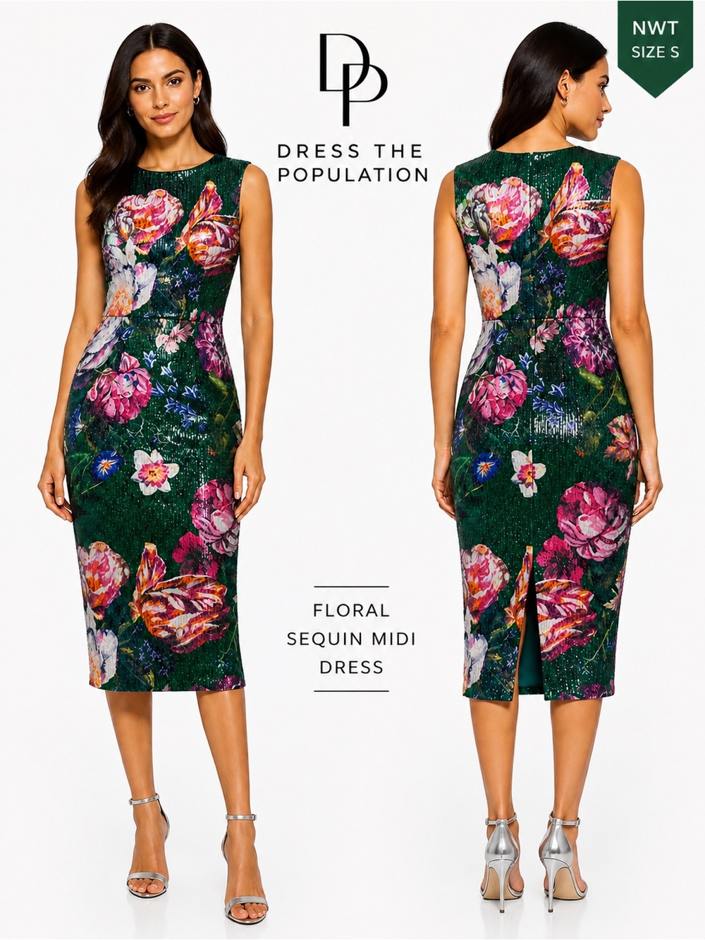 NWT Dress the Population Green Floral Sequin Midi Cocktail Dress Size Small